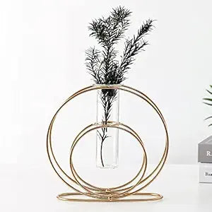 Modern Gold Circular Metal Vase with Glass Tube