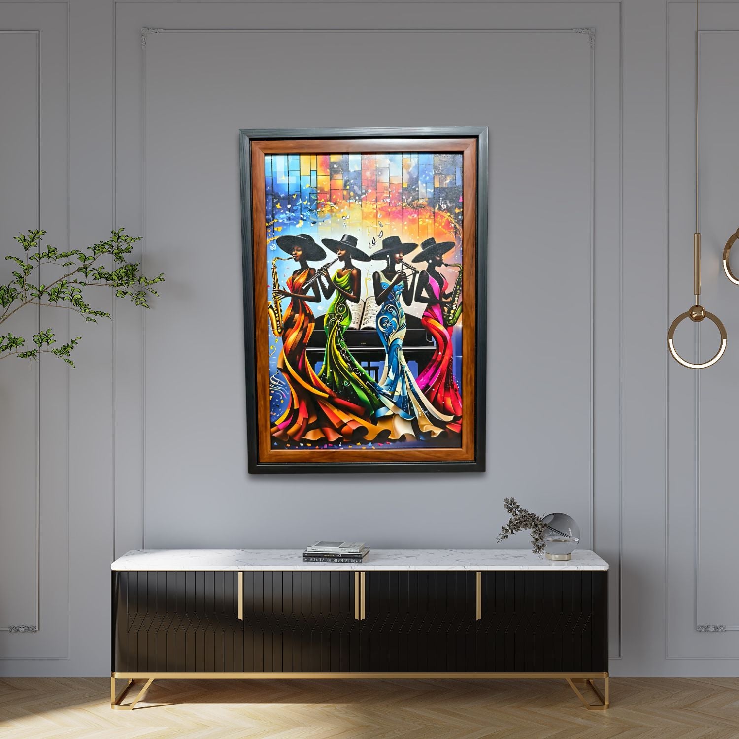 Elegant Women Jazz Musicians Playing Instruments Colorful Wall Art Painting