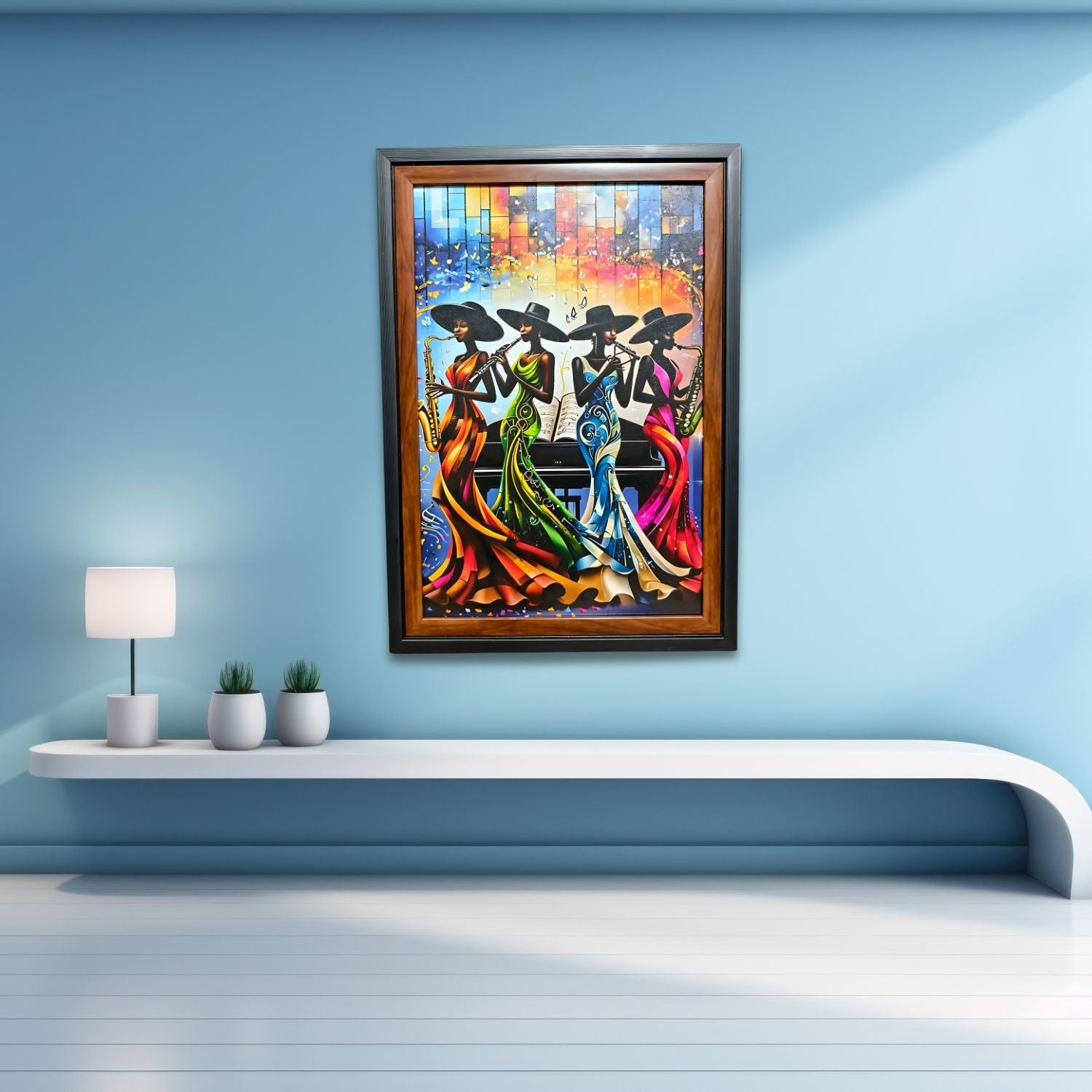 Elegant Women Jazz Musicians Playing Instruments Colorful Wall Art Painting