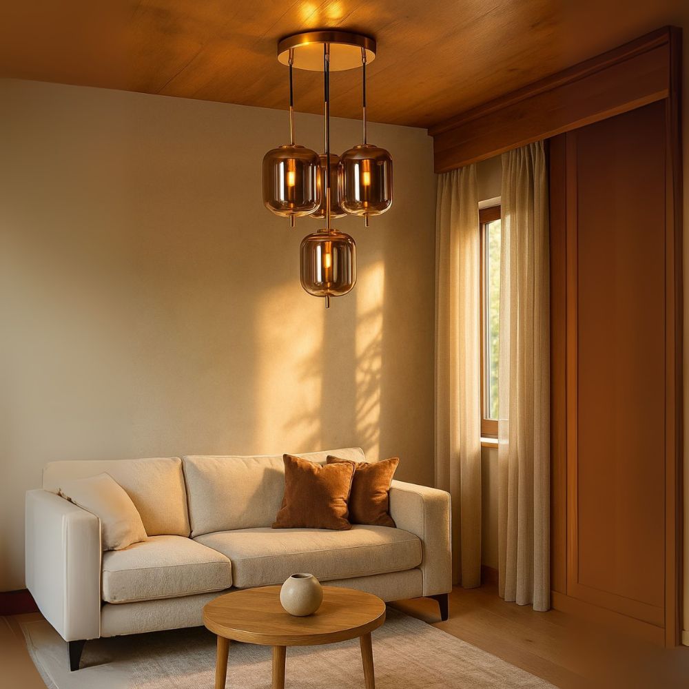 Modern Smoke Grey Glass Chandelier - Antique Gold Stylish Ceiling Lamp Design