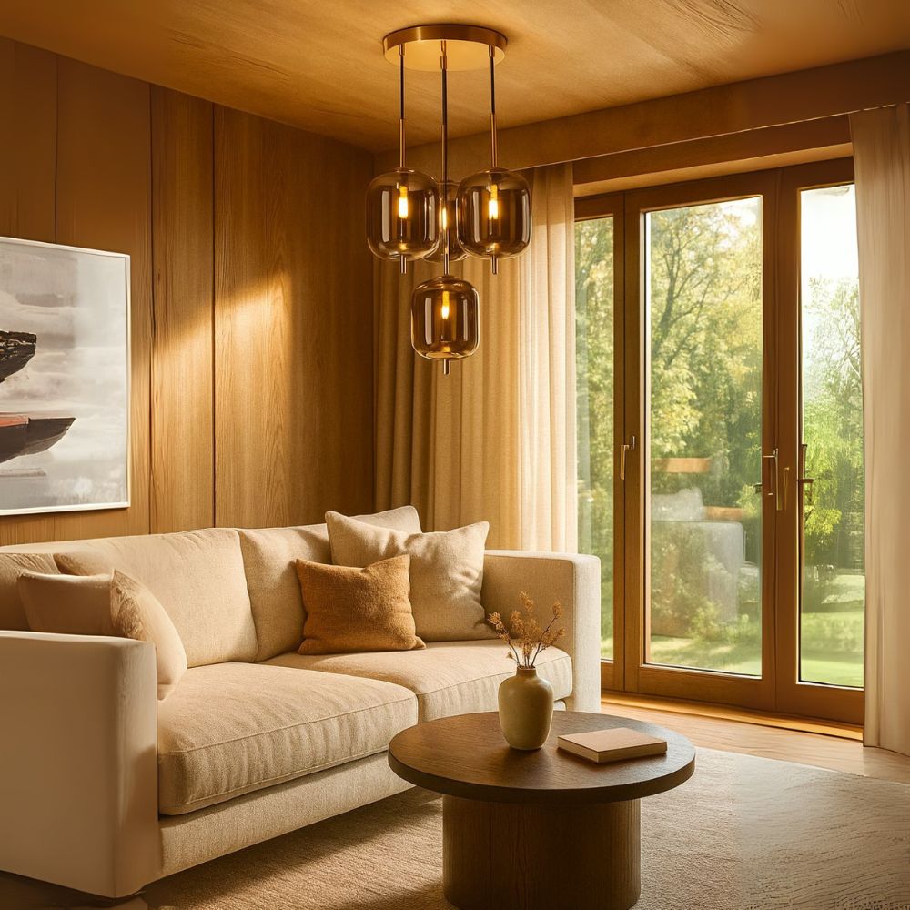 Modern Smoke Grey Glass Chandelier - Antique Gold Stylish Ceiling Lamp Design