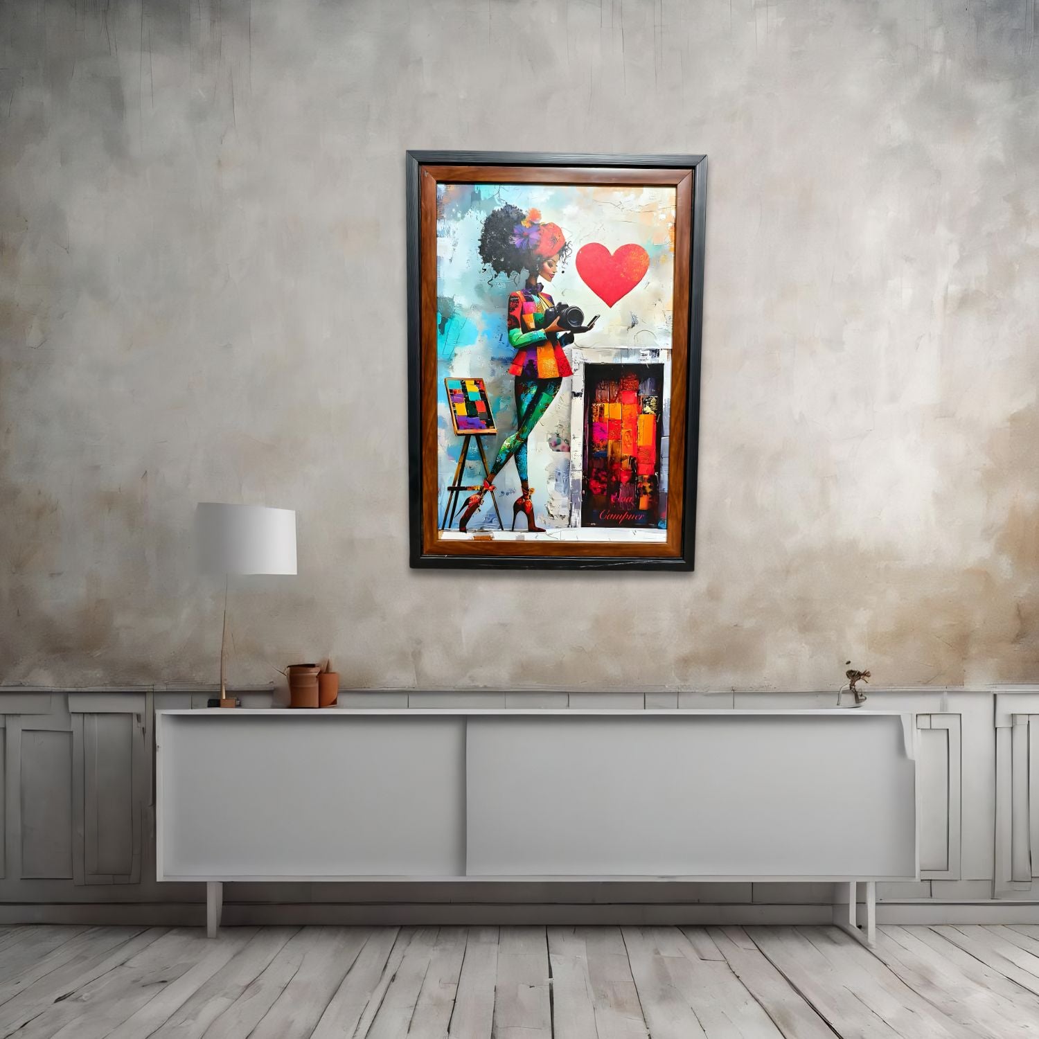 Colorful Woman With Camera And Heart Abstract Modern Wall Painting