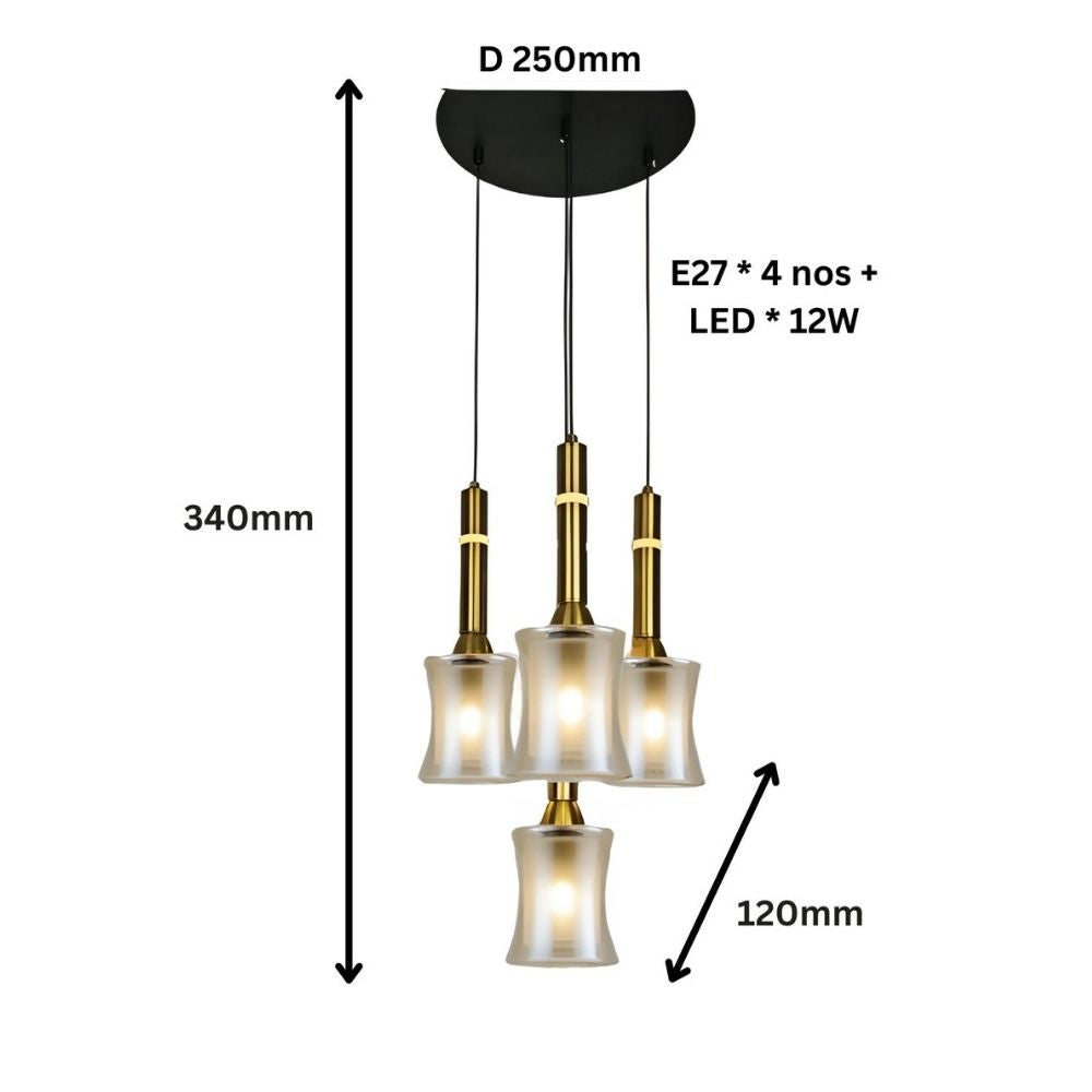Designer Amber Glass Chandelier - Abstract Black Antique Gold 4-Light Pendant