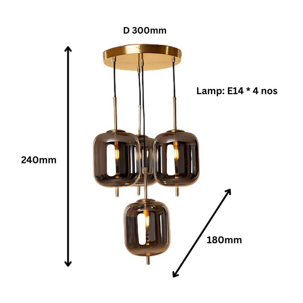 Modern Smoke Grey Glass Chandelier - Antique Gold Stylish Ceiling Lamp Design