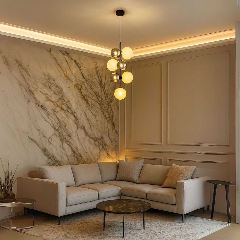 Contemporary 6-Globe Ceiling Pendant - Chrome Black Milky Glass Modern Chandelier