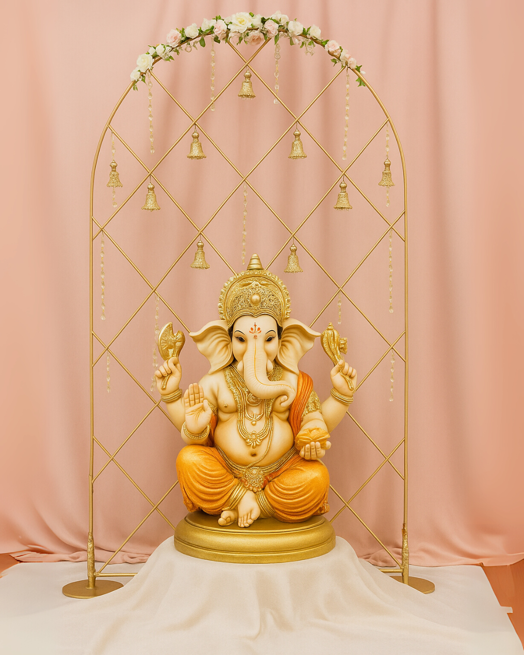 Elegant Gold Arch Pooja Stand (Bells and Pearls not included)