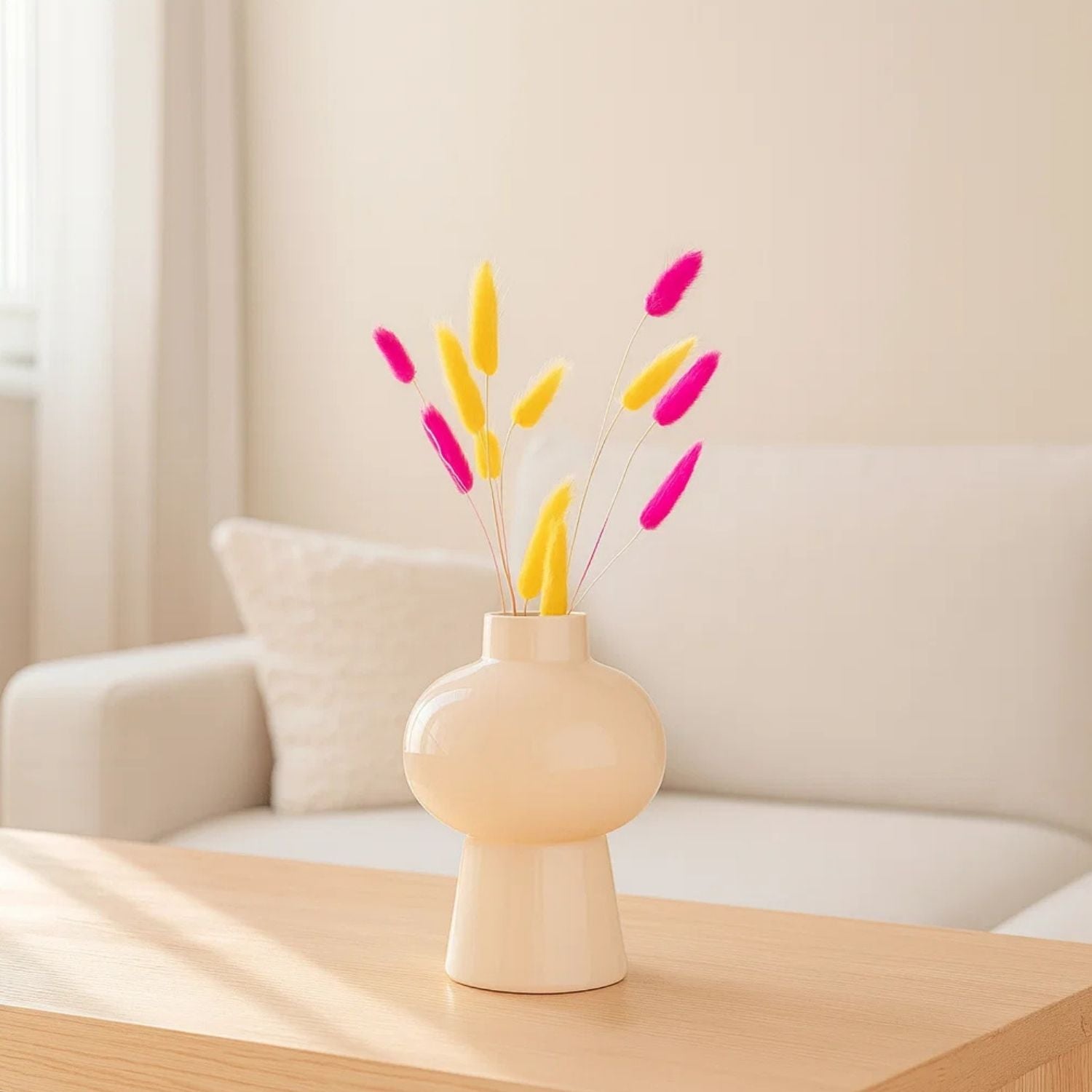 Modern Mushroom Vase With Vibrant Colorful Bunny Tail Flowers