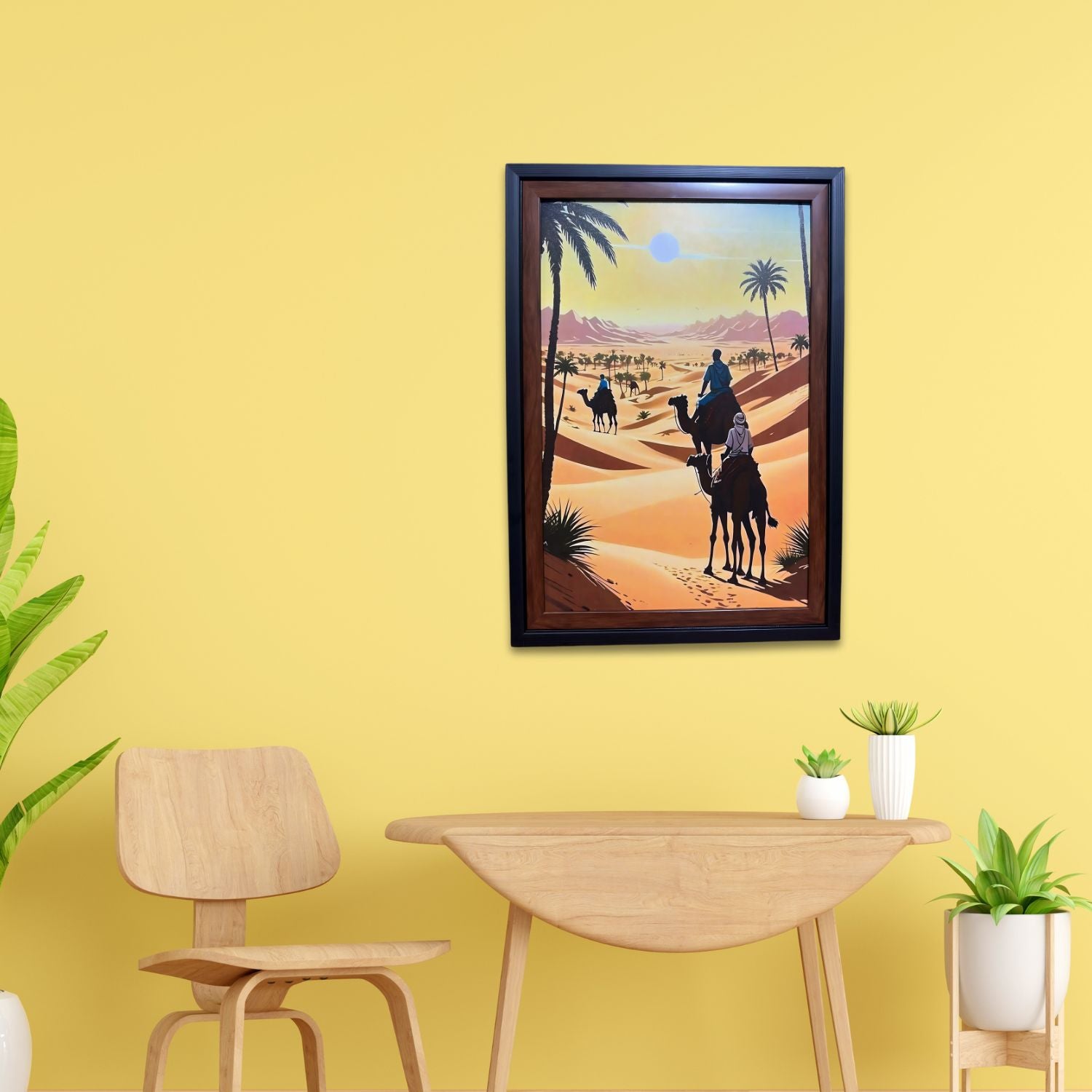 Camel Caravan In Desert Sunset - Framed Scenic Wall Art Painting Print