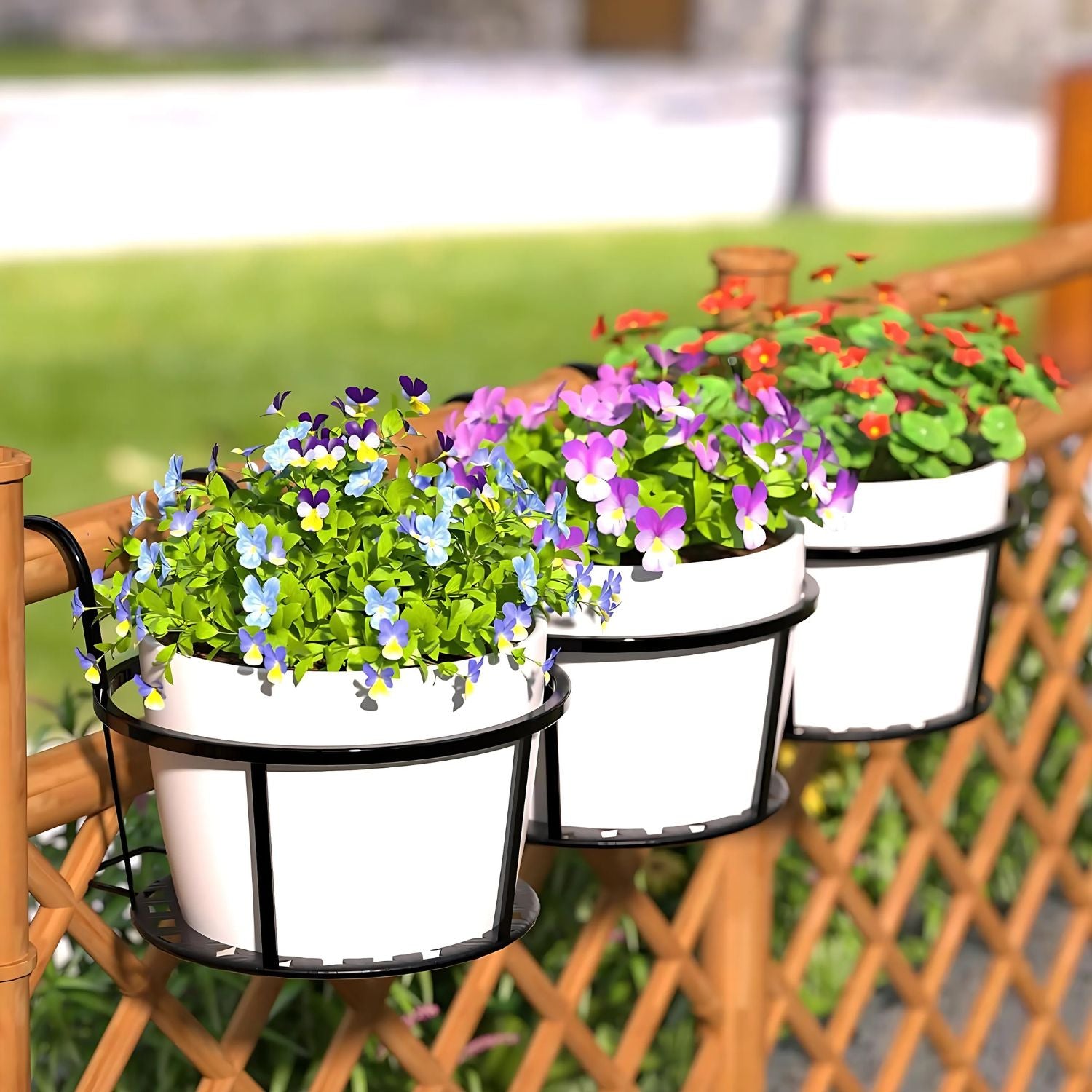 Handcrafted Metal Balcony Railing Plant Stand - Round Pot Holder for Outdoor Decor (Set of 3)