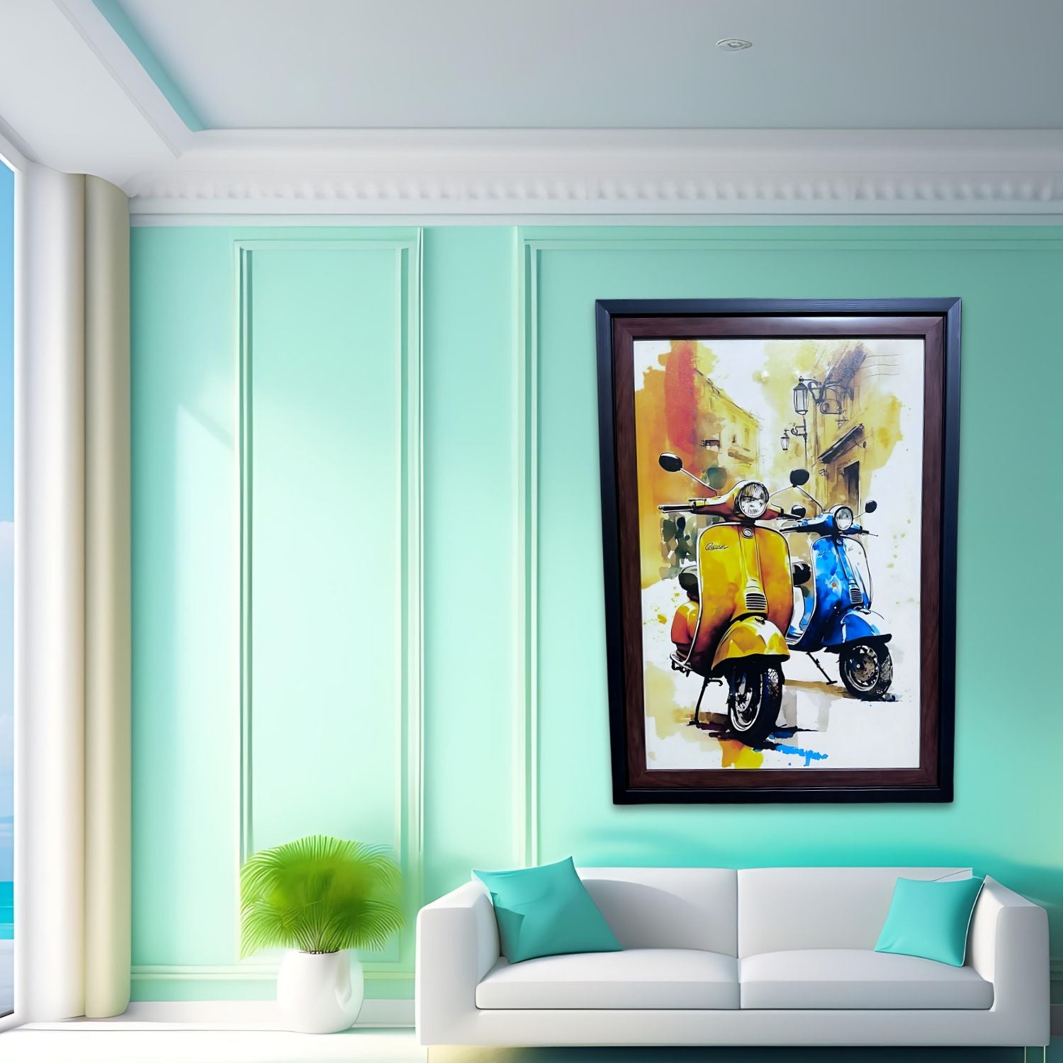 Vintage Vespa Scooter Wall Art - Colorful Urban Street Framed Painting