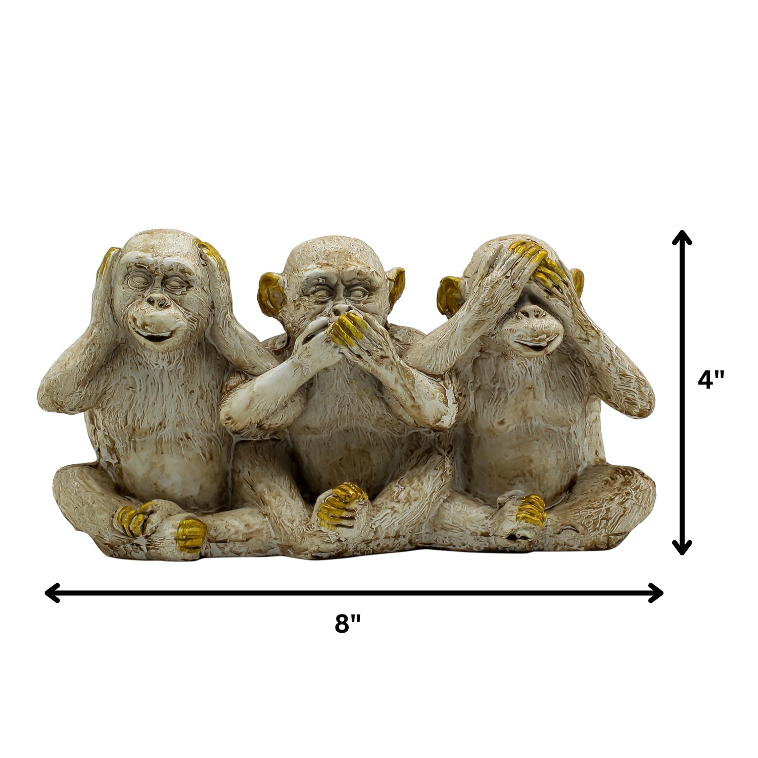 Three Wise Monkeys Sculpture With Gold Accents, Symbolizing Wisdom & Positivity