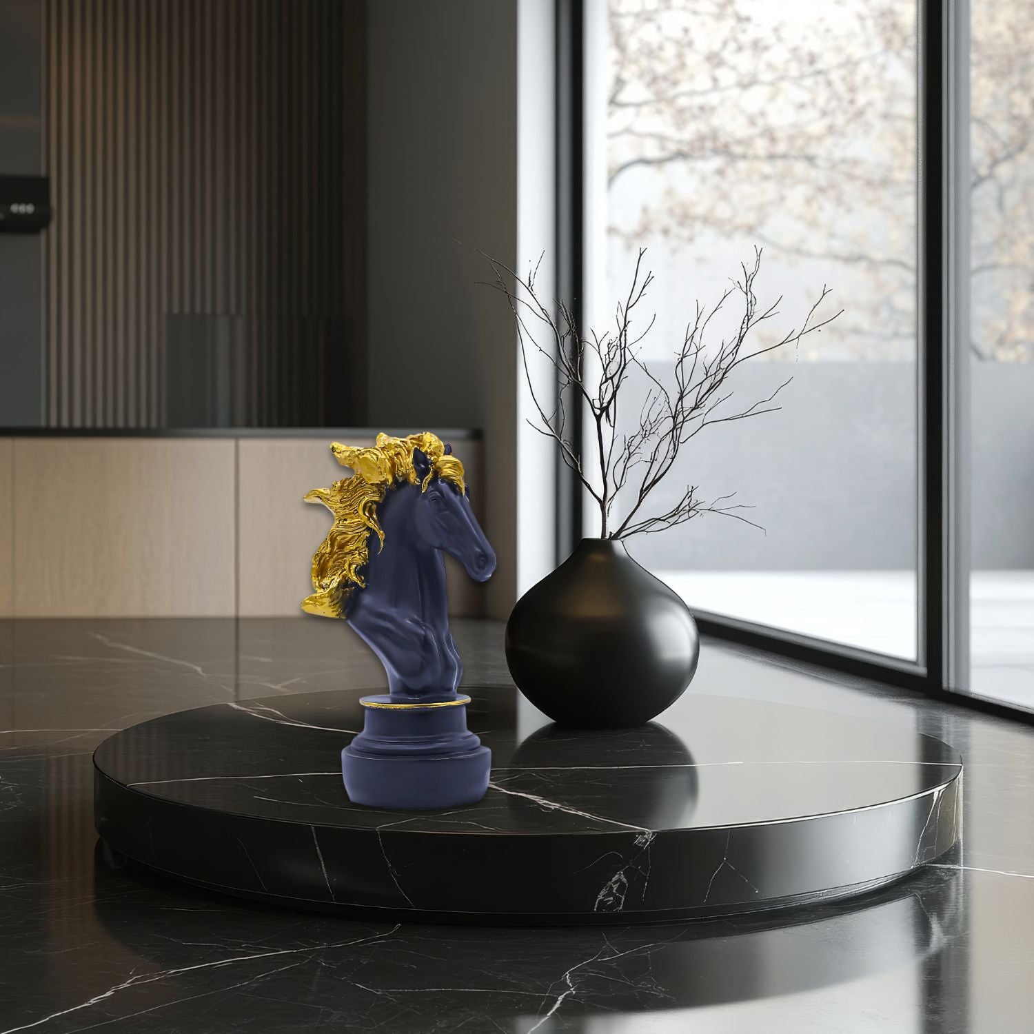 Elegant Black Horse Bust With Golden Mane For Stylish Decor