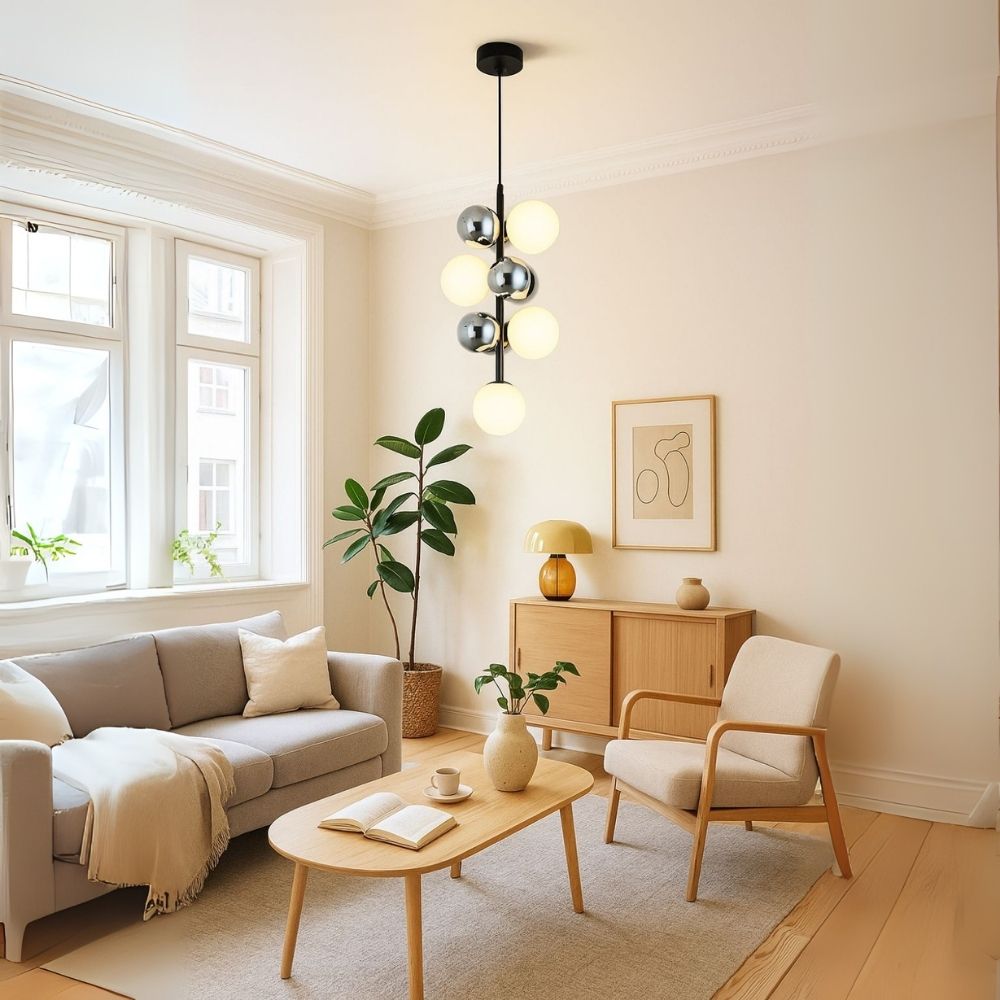 Contemporary 6-Globe Ceiling Pendant - Chrome Black Milky Glass Modern Chandelier