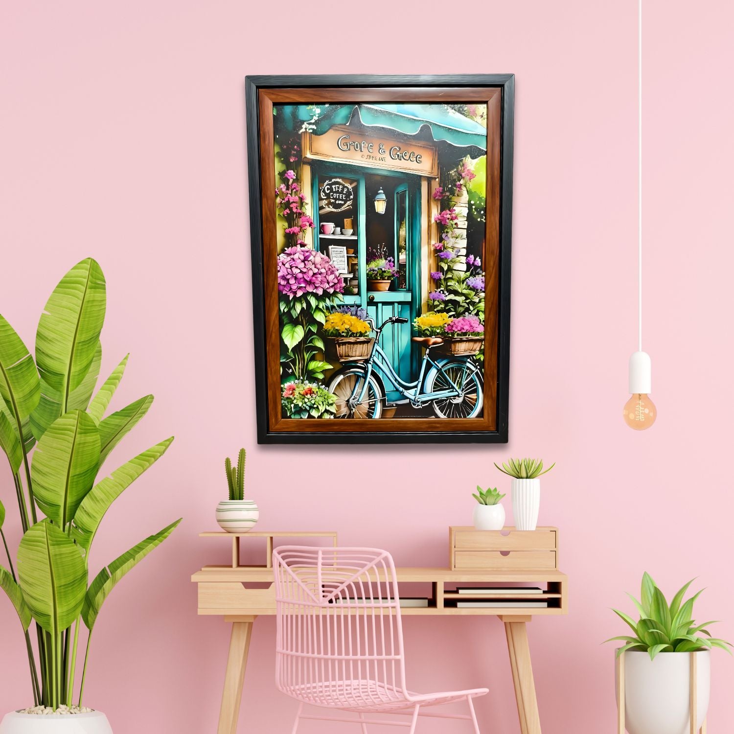 Vintage Floral Cafe With Bicycle Entrance Scenic Wall Art Painting