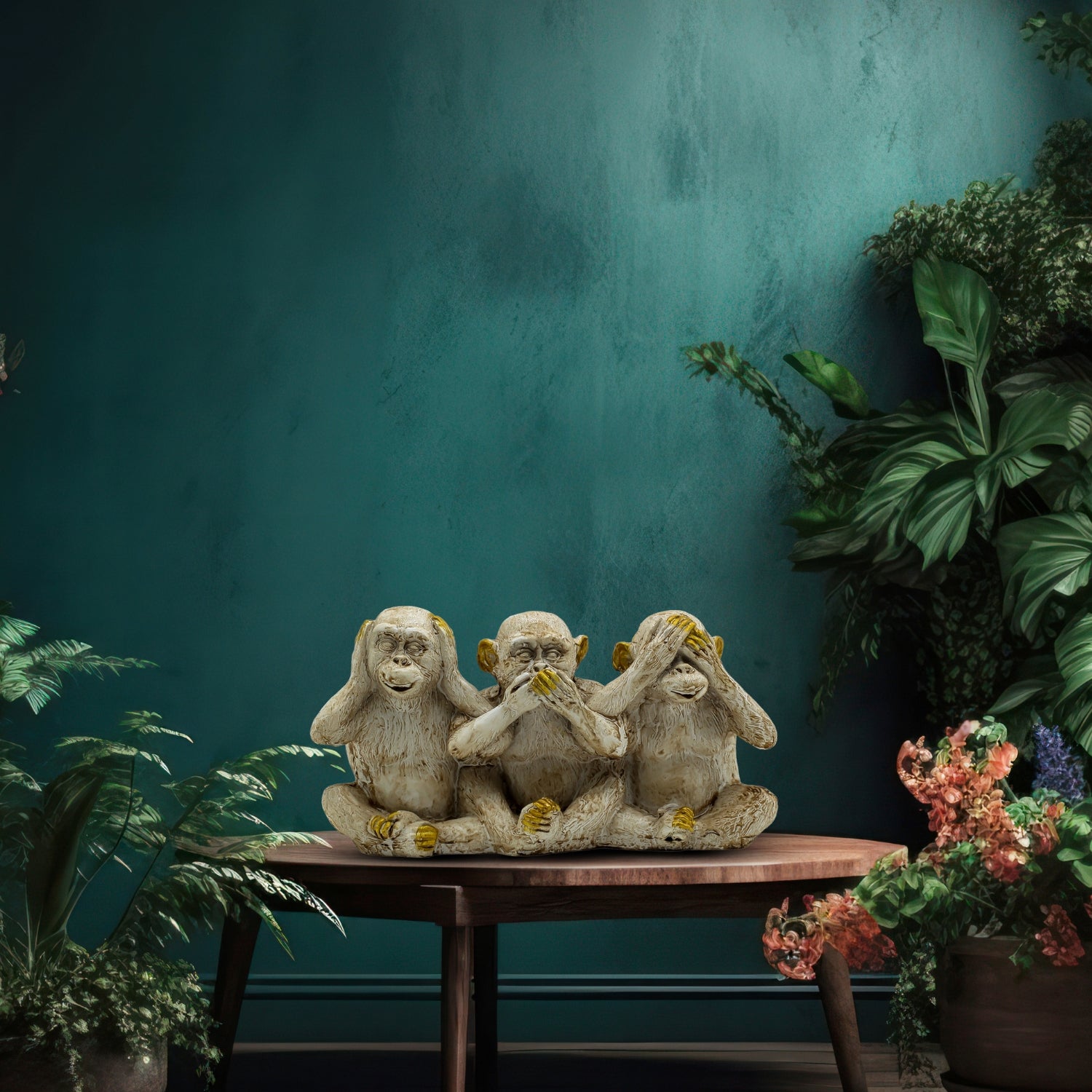 Three Wise Monkeys Sculpture With Gold Accents, Symbolizing Wisdom & Positivity