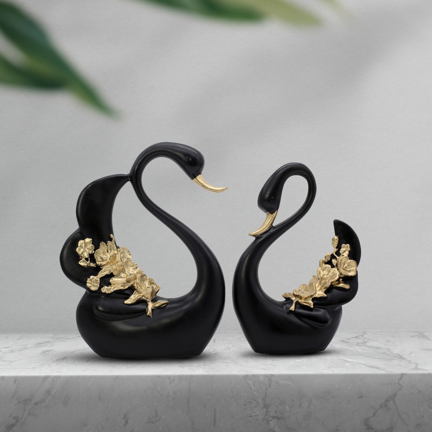 Luxury Black Swan Figurines With Gold Floral Design For Decor