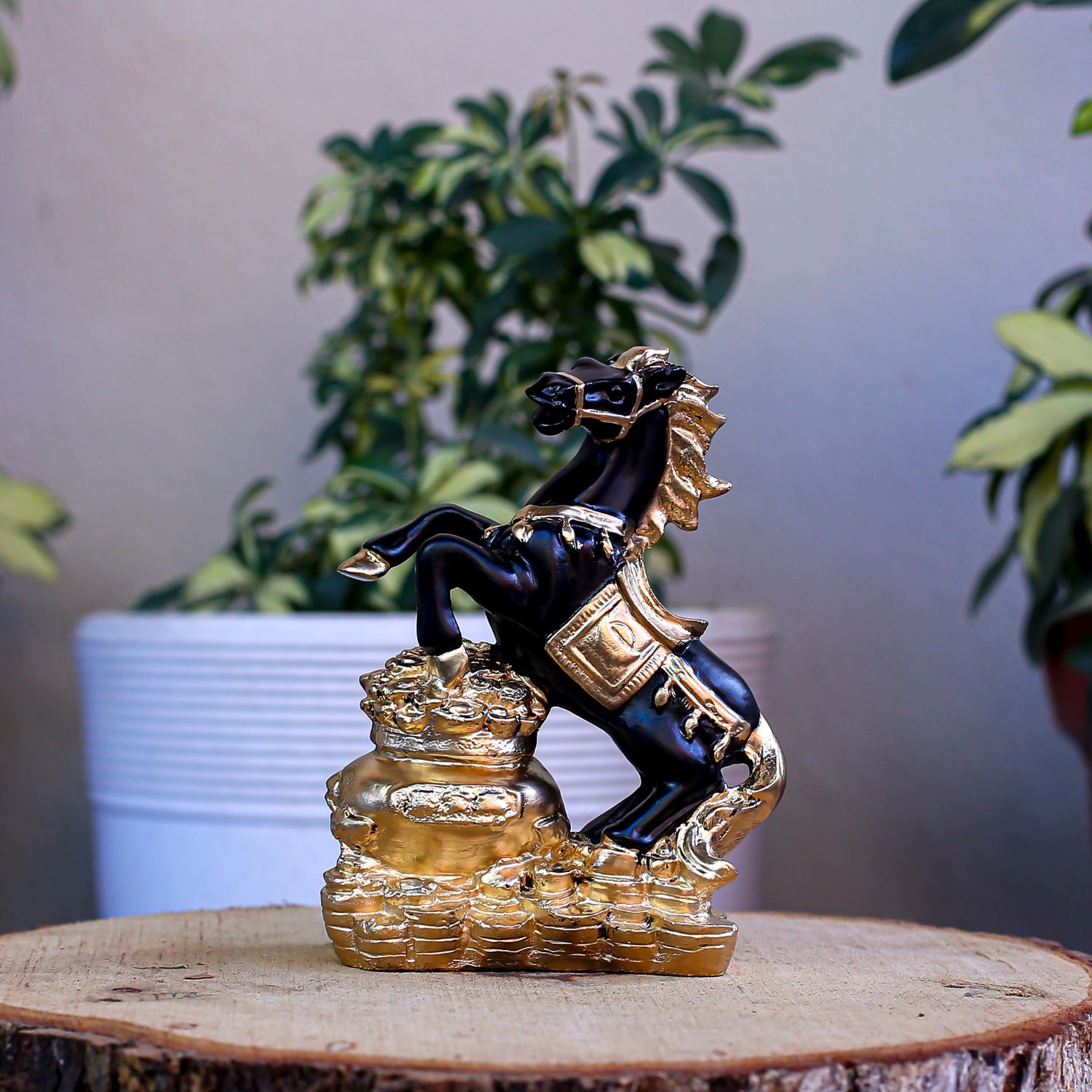 Luxurious Black and Gold Rearing Horse Sculpture on Wealth Pot Decorative Base
