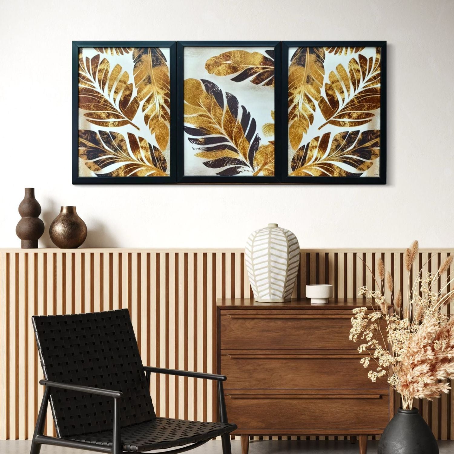 Abstract Golden Leaf Wall Art Set - 3 Framed Botanical Prints for Decor