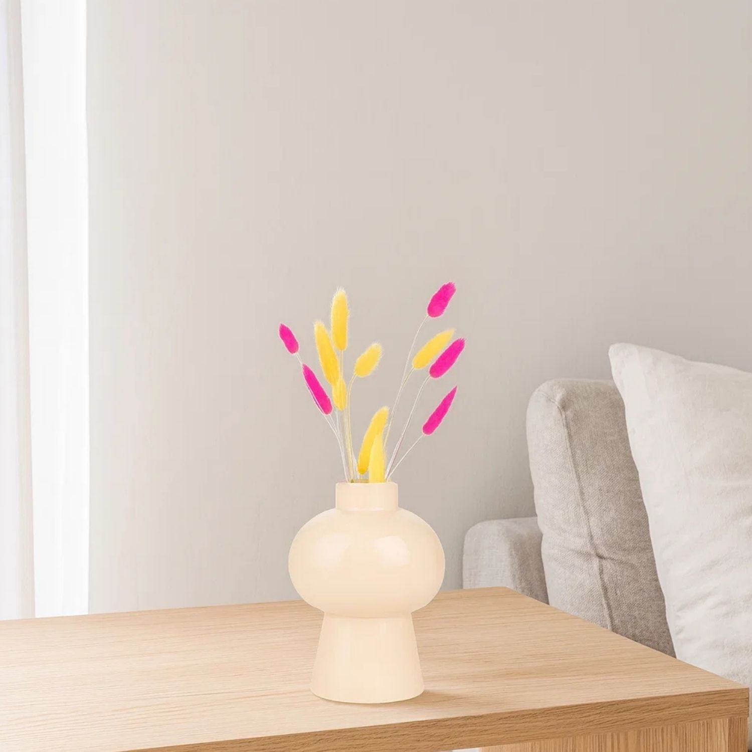 Modern Mushroom Vase With Vibrant Colorful Bunny Tail Flowers