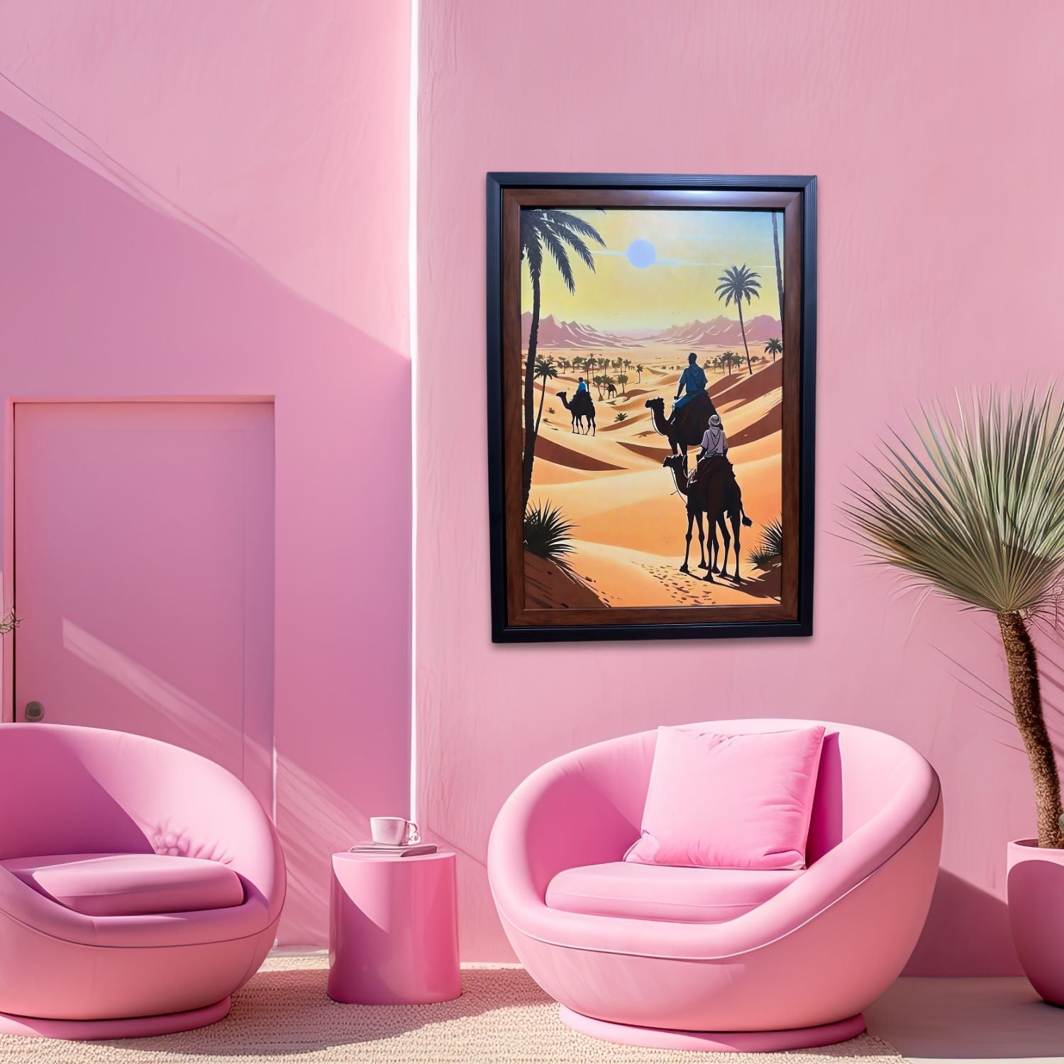 Camel Caravan In Desert Sunset - Framed Scenic Wall Art Painting Print