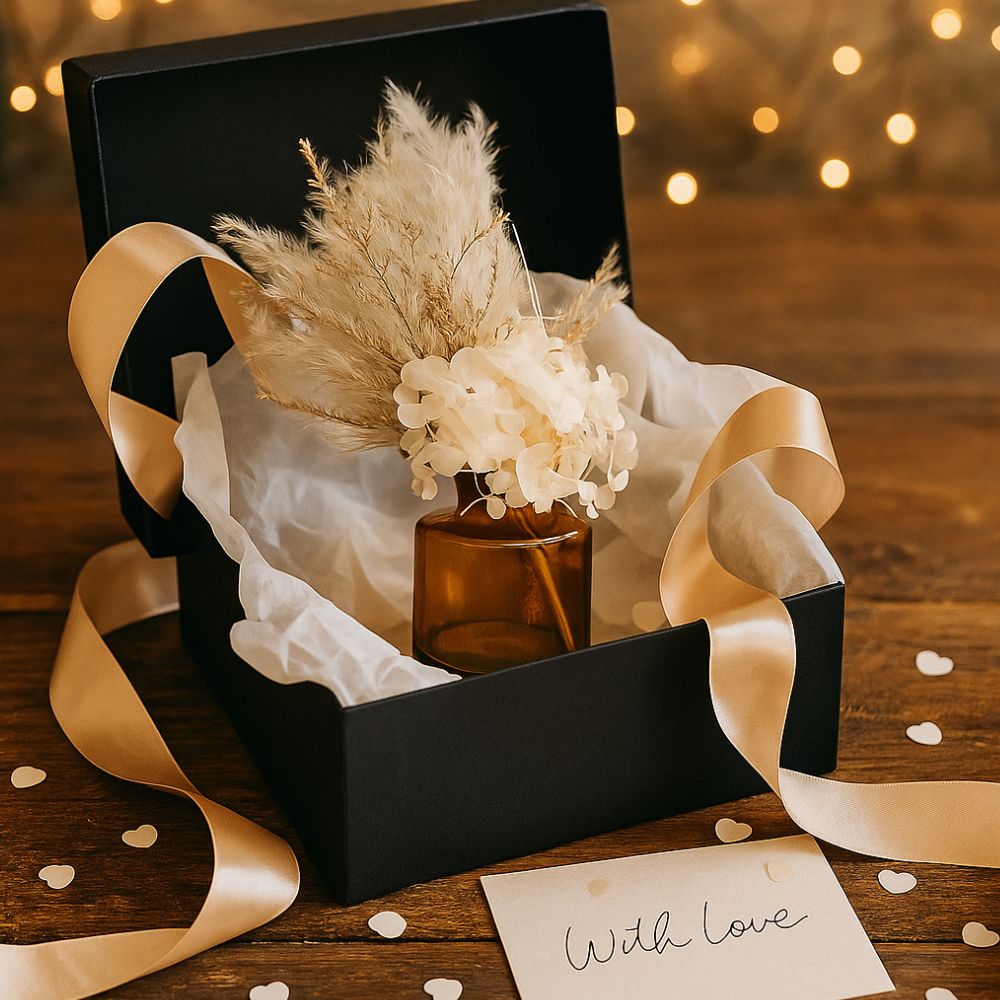 Timeless Treasure Floral Arrangement in Amber Glass Jar - Diwali Gift Box