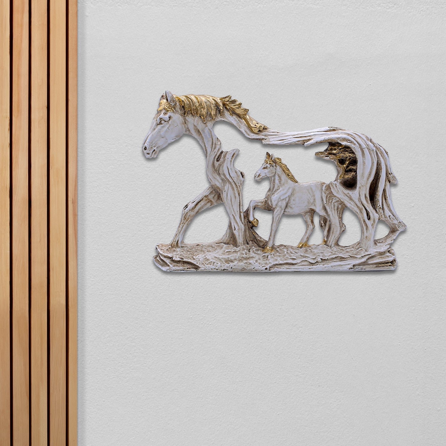 Elegant Horse Family Figurine With Gold Detailing and Artistic Tree Frame