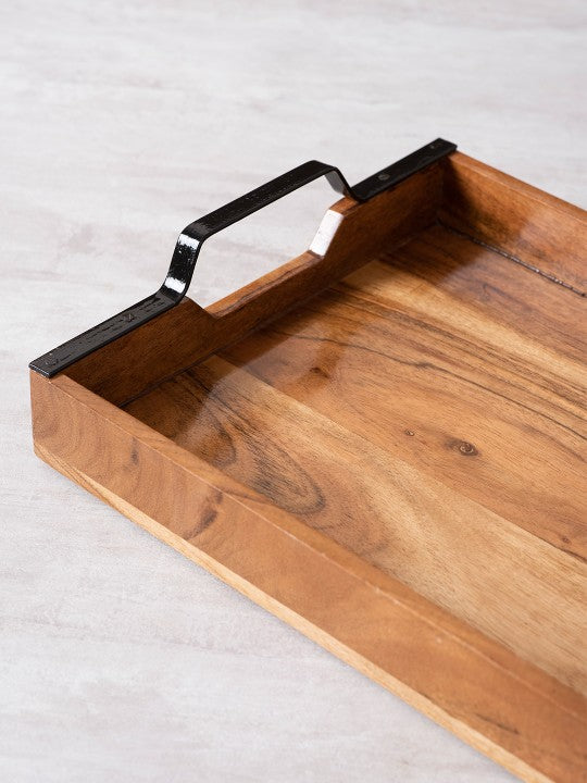Sheesham Wood Serving Tray with Black Metal Handles - Nestern