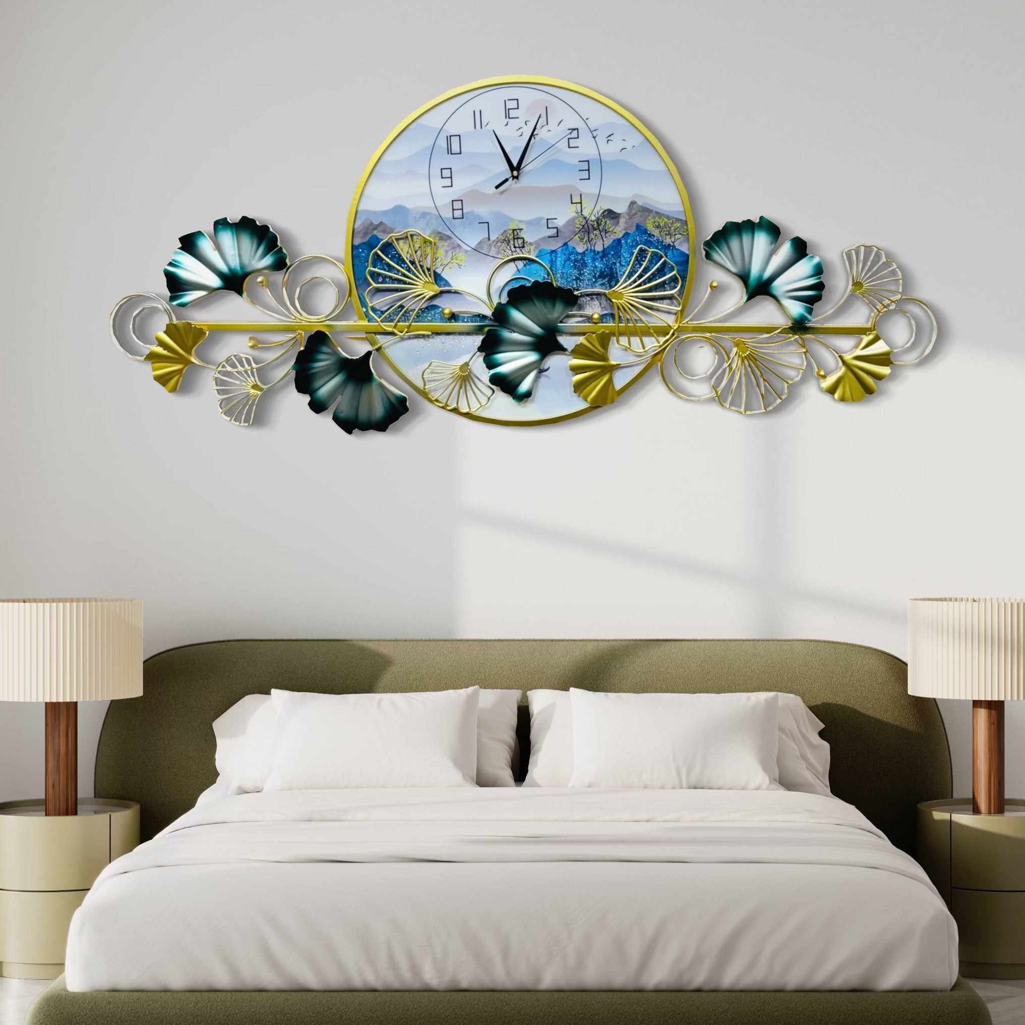 Landscape Elegant Wall Clock with Floral Metal Art - Nestern