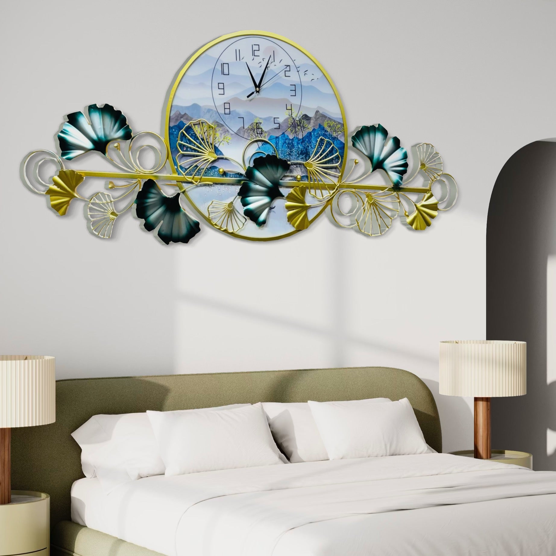 Landscape Elegant Wall Clock with Floral Metal Art - Nestern
