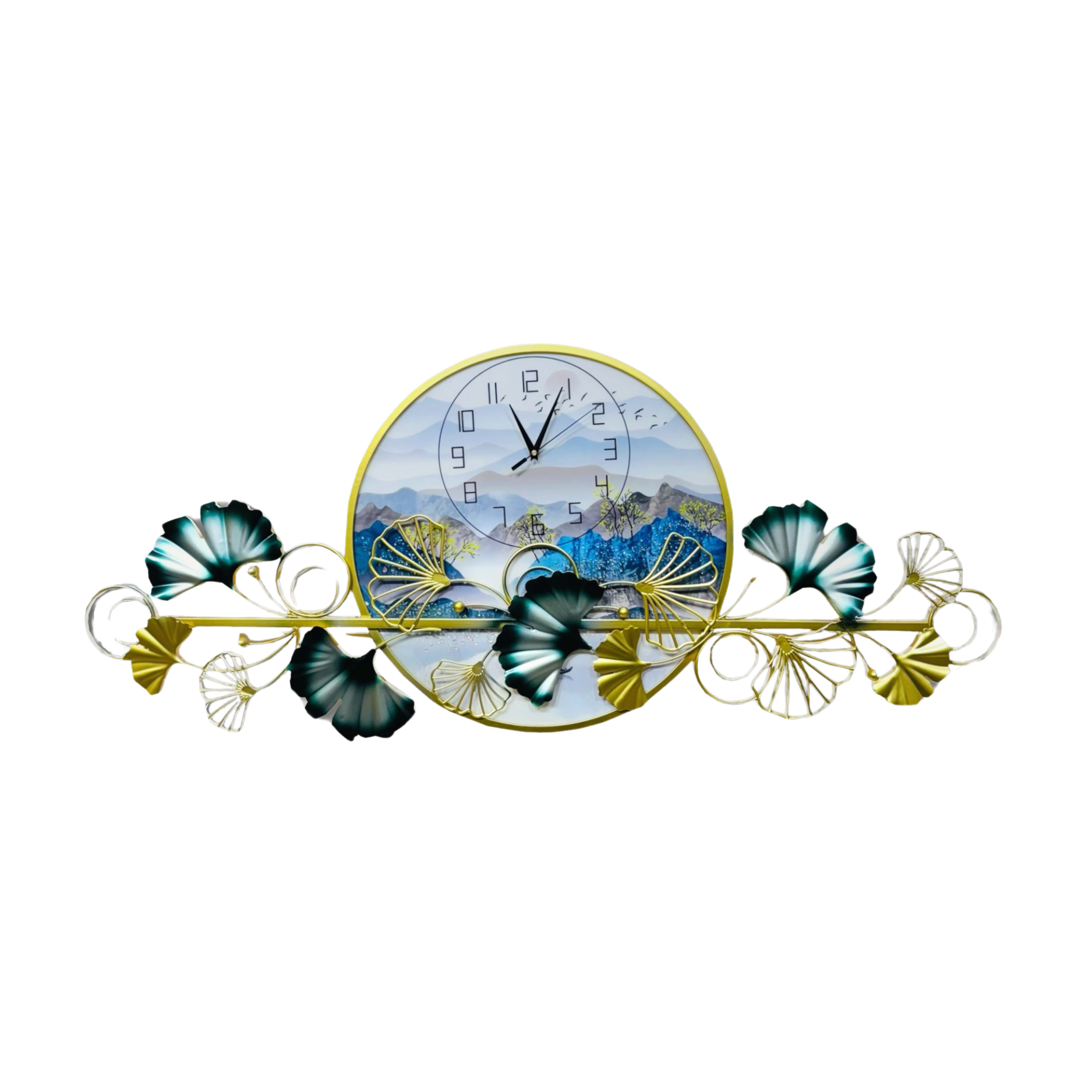 Landscape Elegant Wall Clock with Floral Metal Art - Nestern