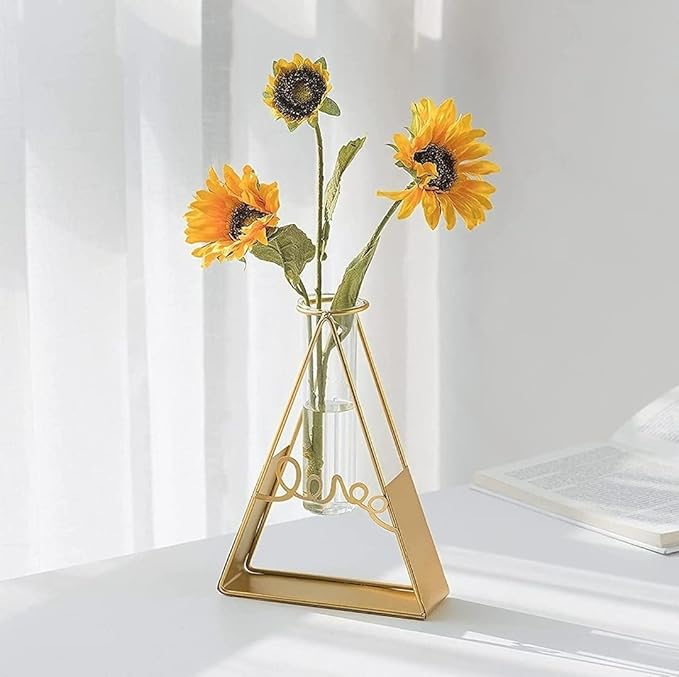 Gold Geometric Metal Vase with Glass Tube – Elegant Decor