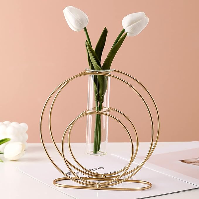 Modern Gold Circular Metal Vase with Glass Tube