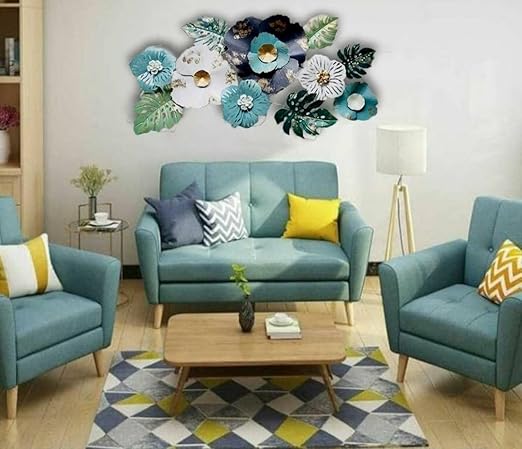 Tropical Metal Floral Wall Art – Teal, White & Gold Décor