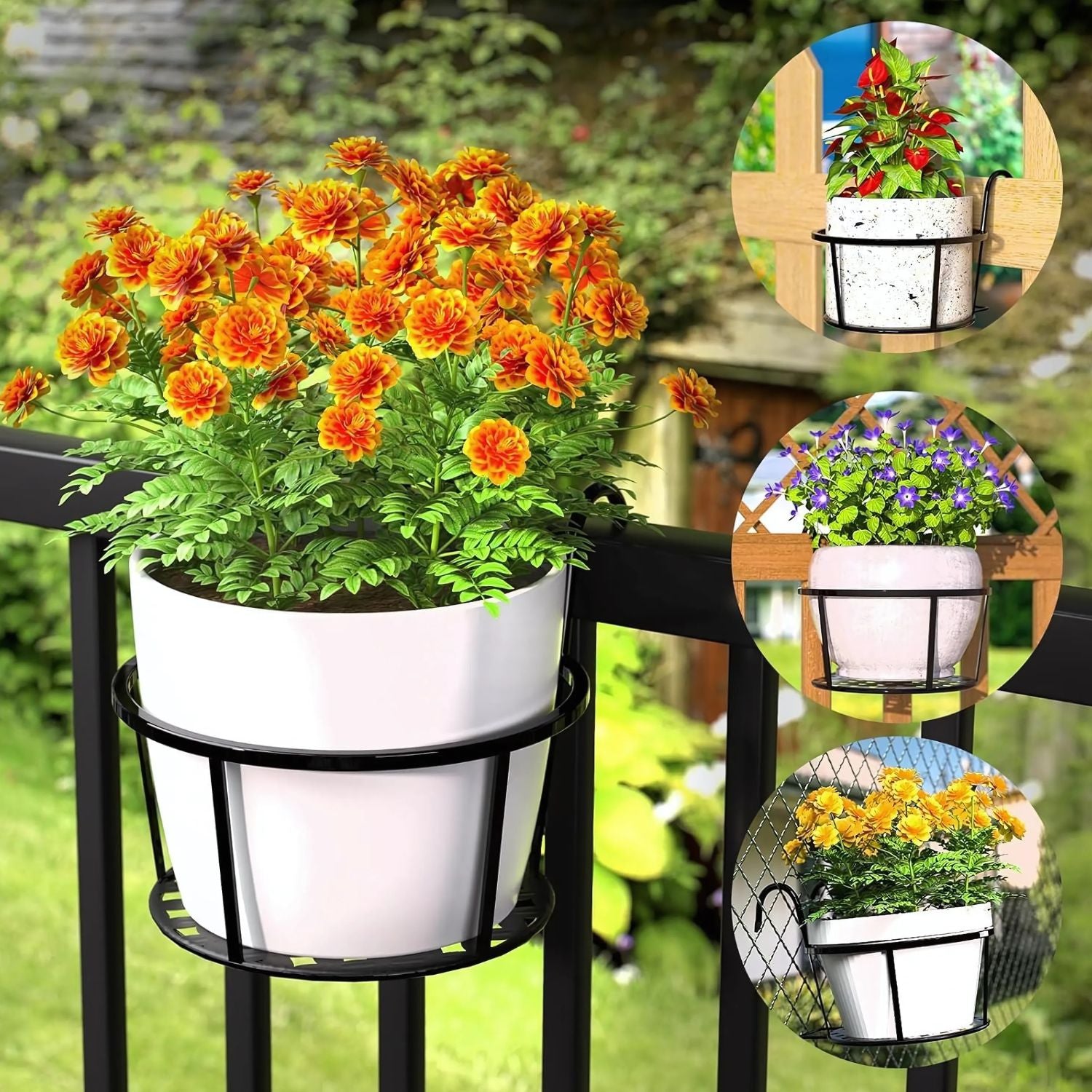 Handcrafted Metal Balcony Railing Plant Stand - Round Pot Holder for Outdoor Decor (Set of 3)