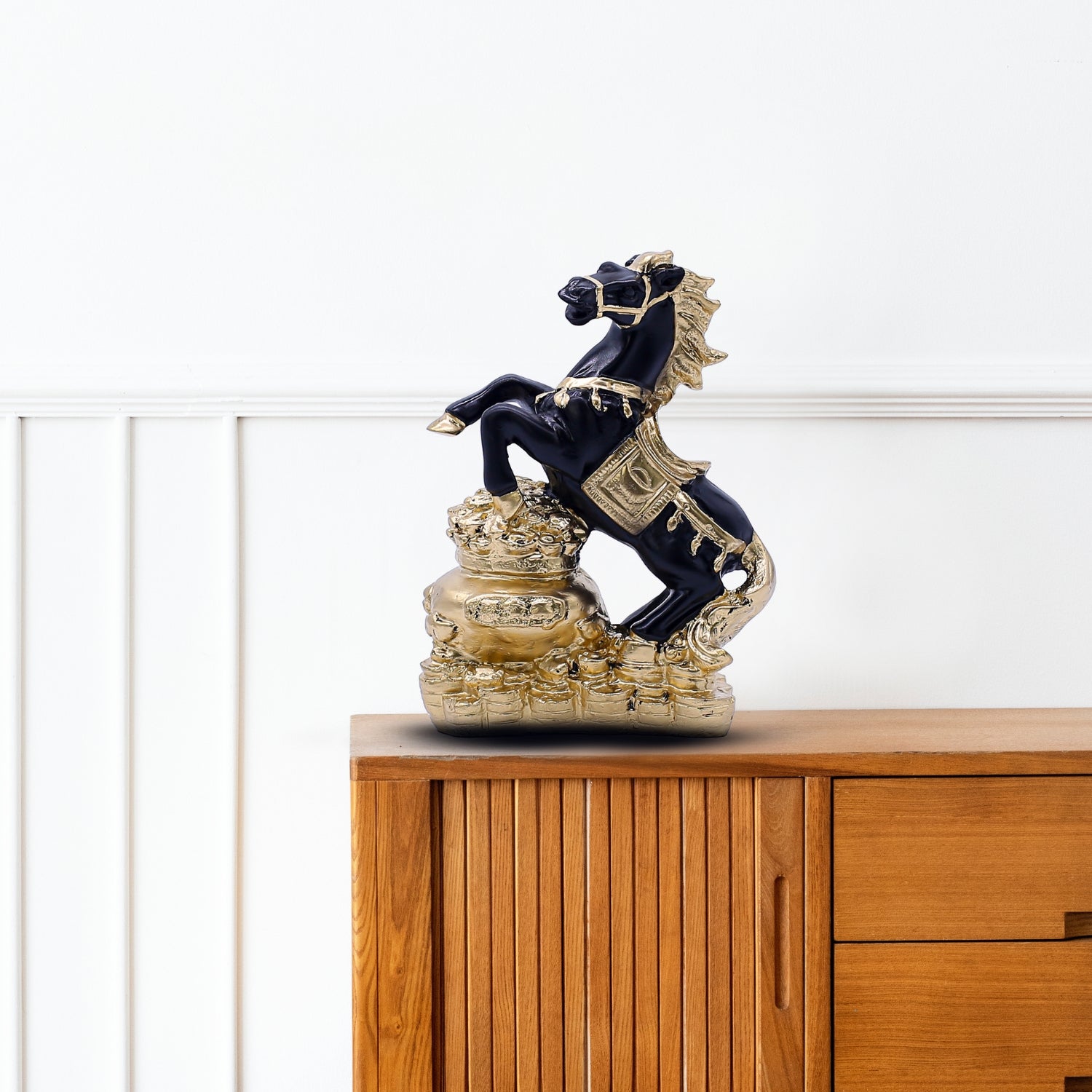 Luxurious Black and Gold Rearing Horse Sculpture on Wealth Pot Decorative Base