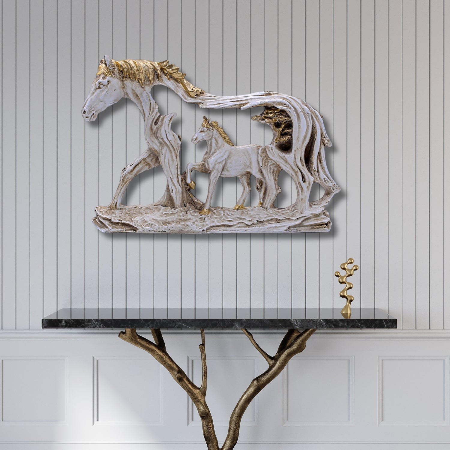 Elegant Horse Family Figurine With Gold Detailing and Artistic Tree Frame