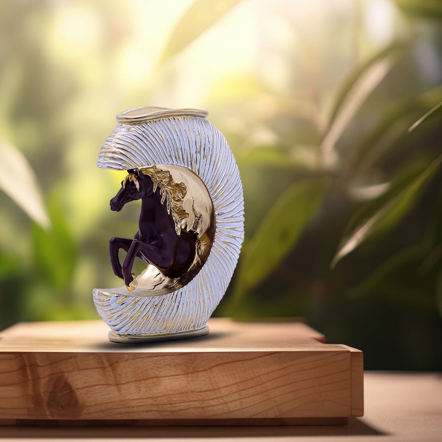 Luxury Decorative Horse Figurine With Gold Accents & Circular Sunburst Frame