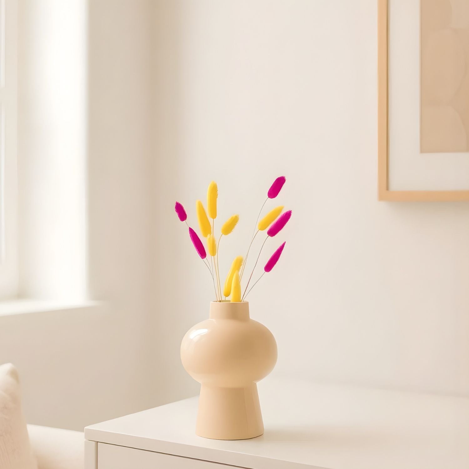 Modern Mushroom Vase With Vibrant Colorful Bunny Tail Flowers