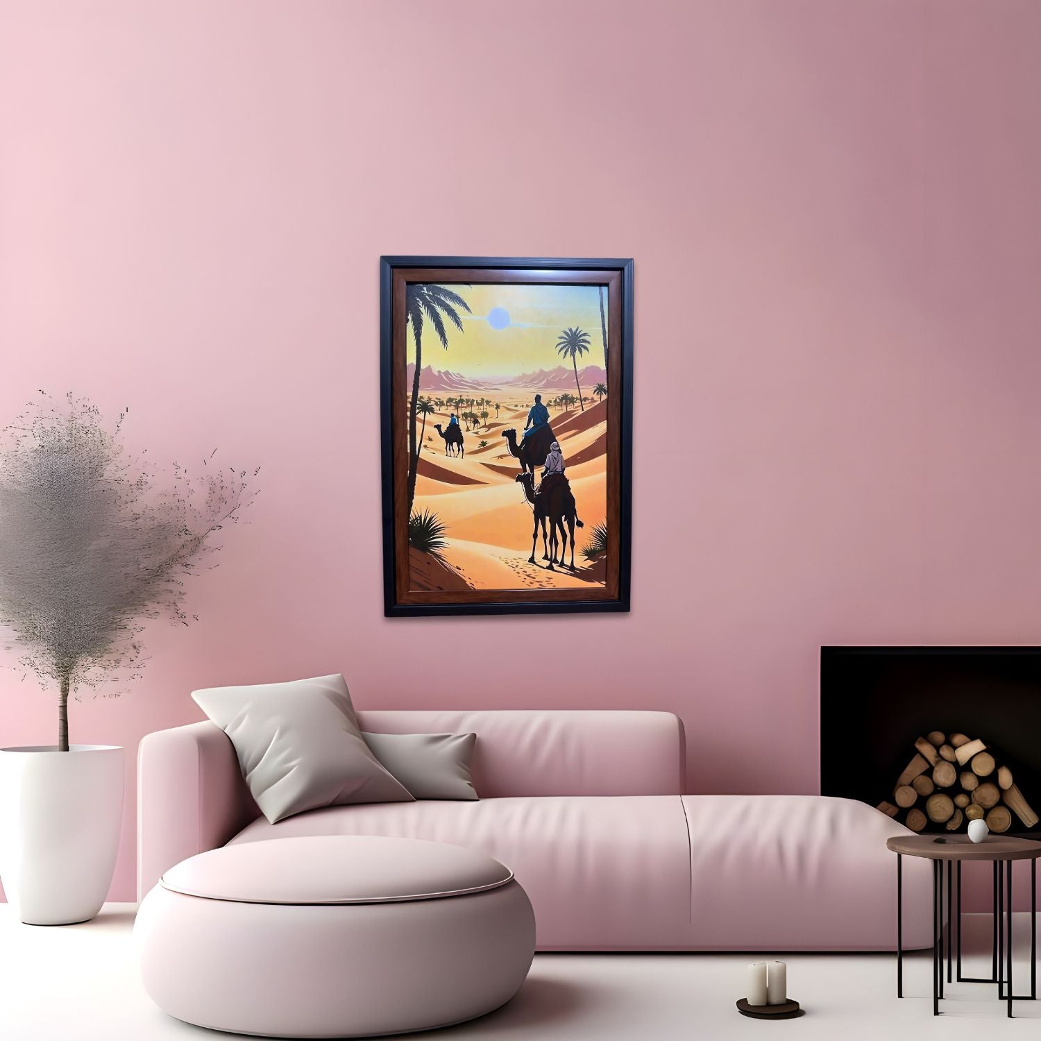 Camel Caravan In Desert Sunset - Framed Scenic Wall Art Painting Print