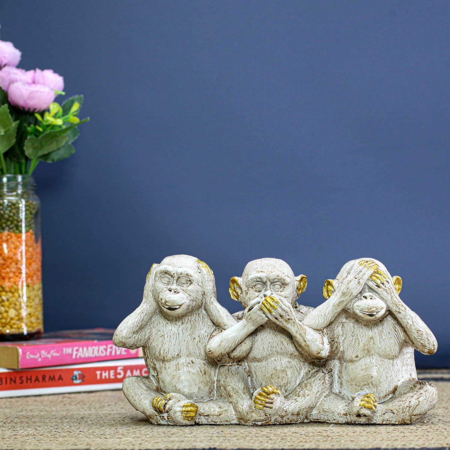 Three Wise Monkeys Sculpture With Gold Accents, Symbolizing Wisdom & Positivity