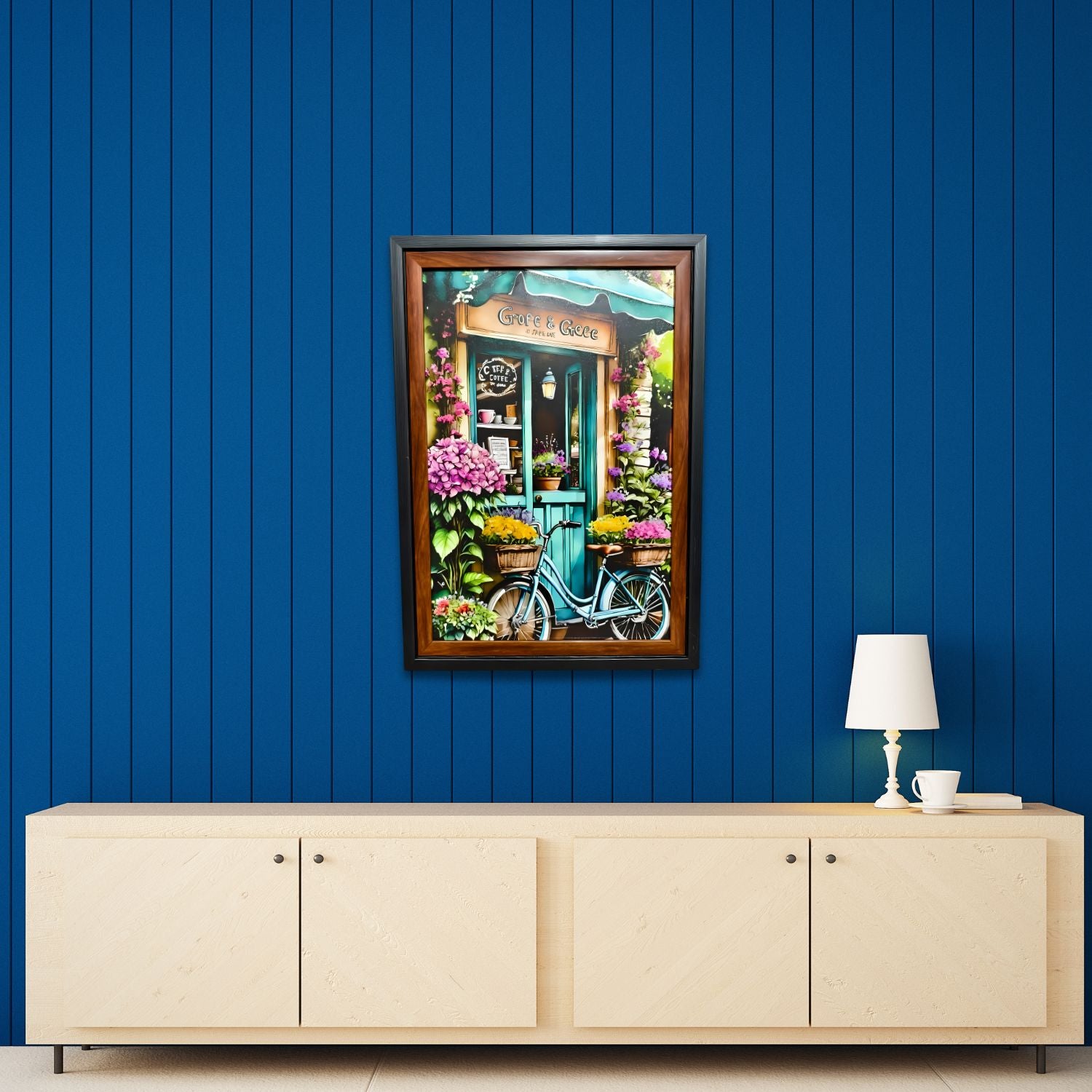 Vintage Floral Cafe With Bicycle Entrance Scenic Wall Art Painting