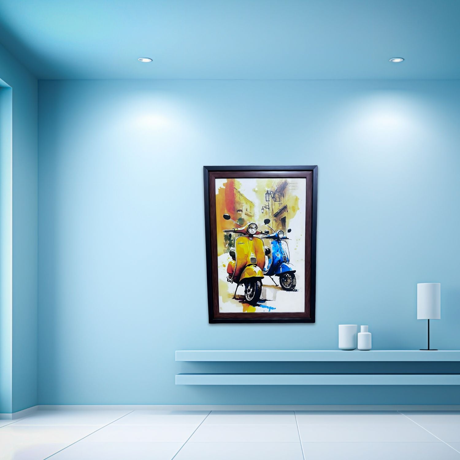 Vintage Vespa Scooter Wall Art - Colorful Urban Street Framed Painting
