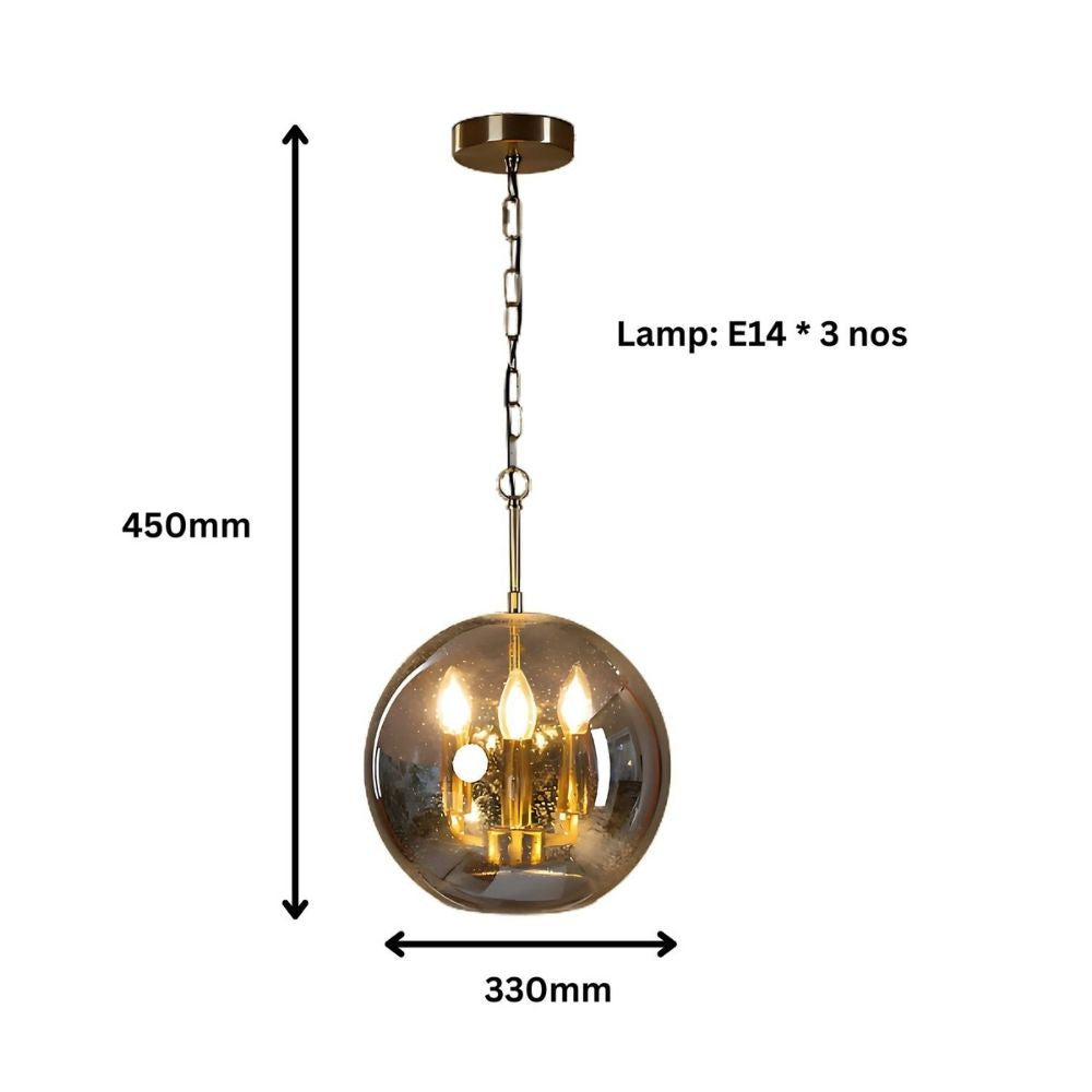 Premium 3-Light Ceiling Pendant - Antique Gold With Smoke Grey Glass Chandelier
