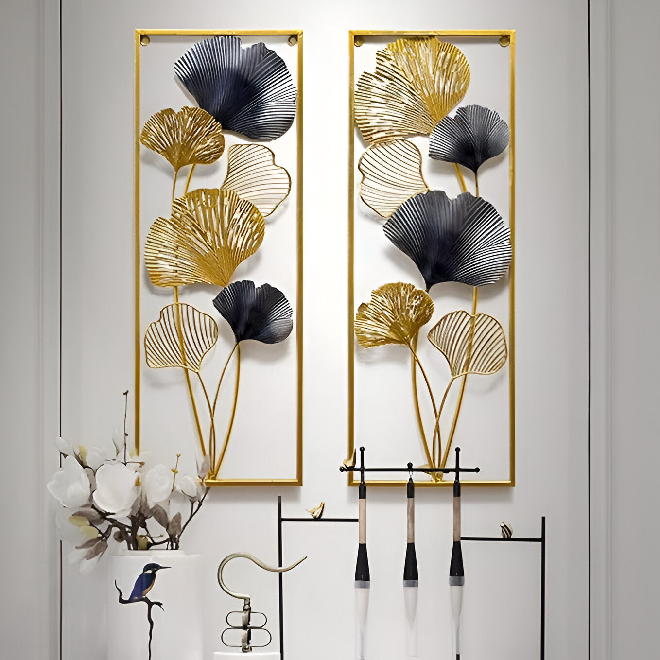 Modern Gold & Blue Ginkgo Leaf Wall Art