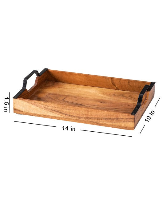 Sheesham Wood Serving Tray with Black Metal Handles - Nestern