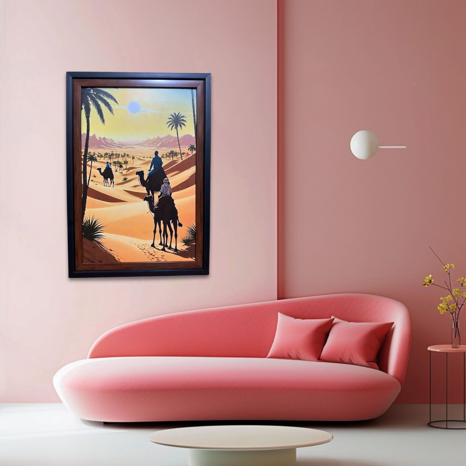 Camel Caravan In Desert Sunset - Framed Scenic Wall Art Painting Print