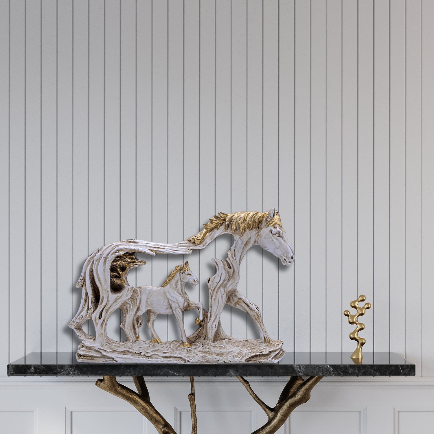 Elegant Horse Family Figurine With Gold Detailing and Artistic Tree Frame