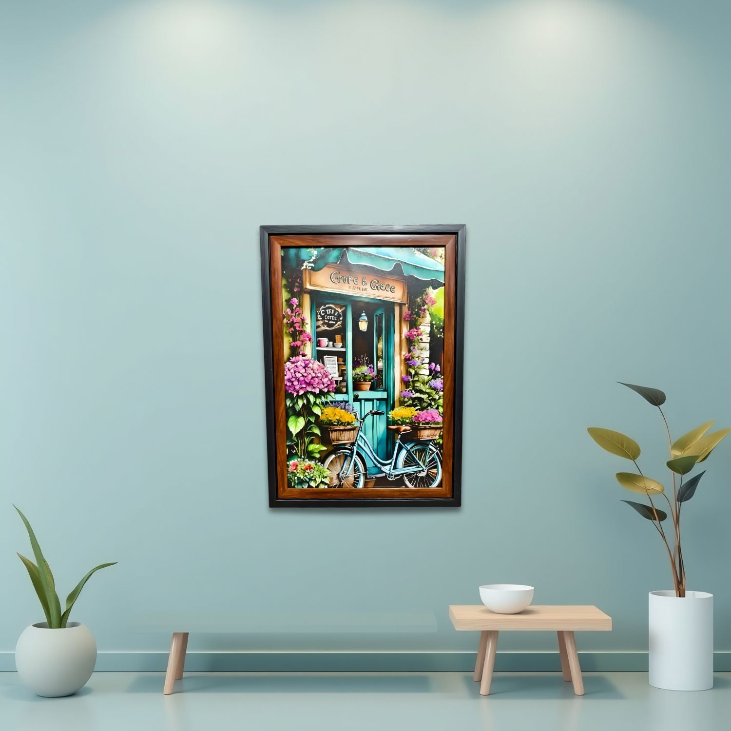 Vintage Floral Cafe With Bicycle Entrance Scenic Wall Art Painting