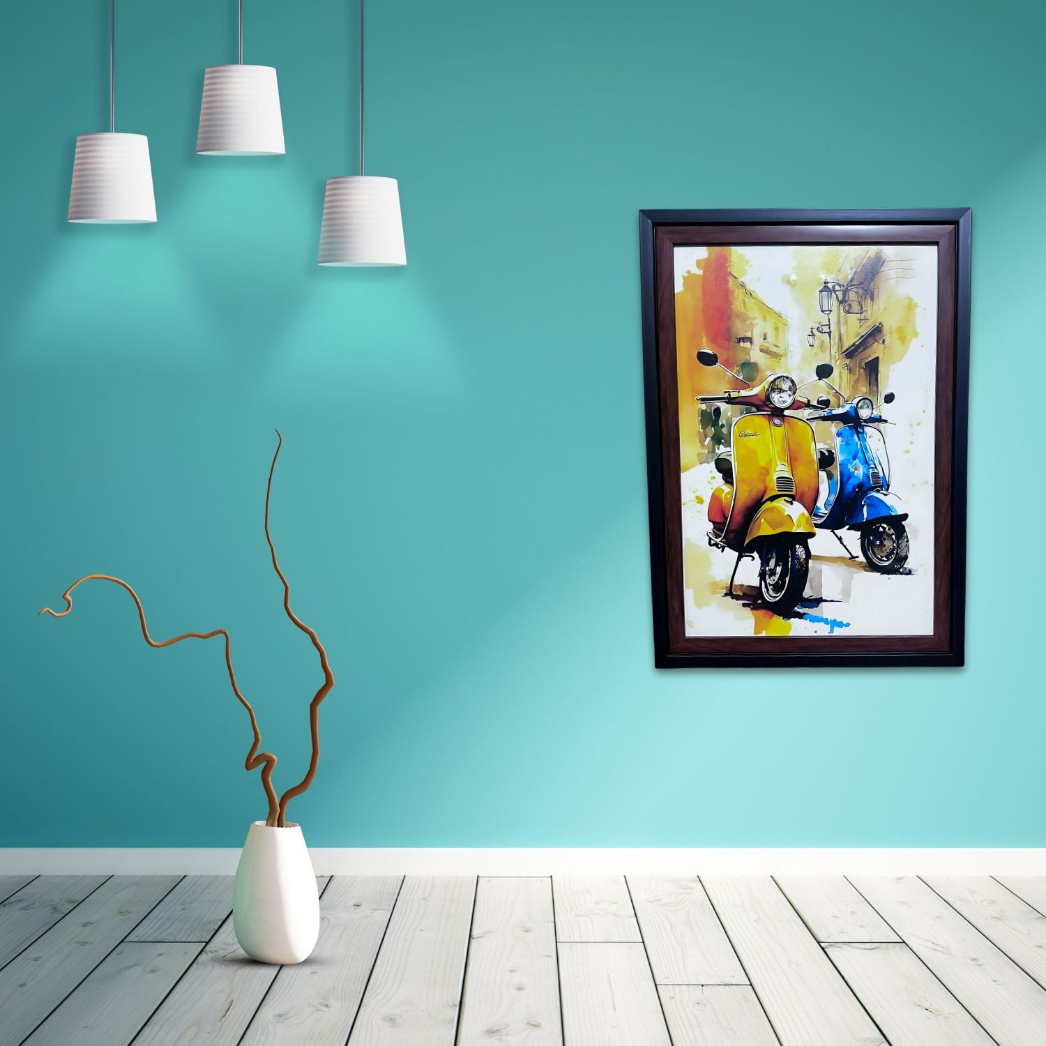 Vintage Vespa Scooter Wall Art - Colorful Urban Street Framed Painting