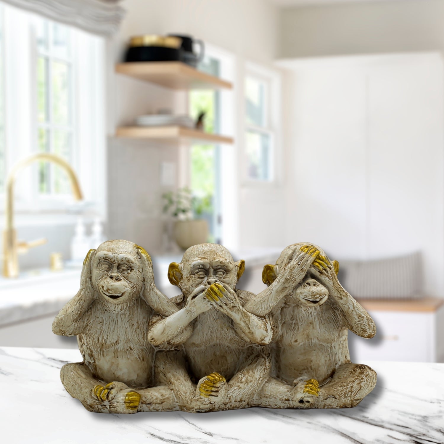 Three Wise Monkeys Sculpture With Gold Accents, Symbolizing Wisdom & Positivity